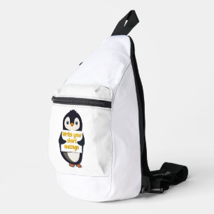 Penguin illustration holding customizable sign sling bag