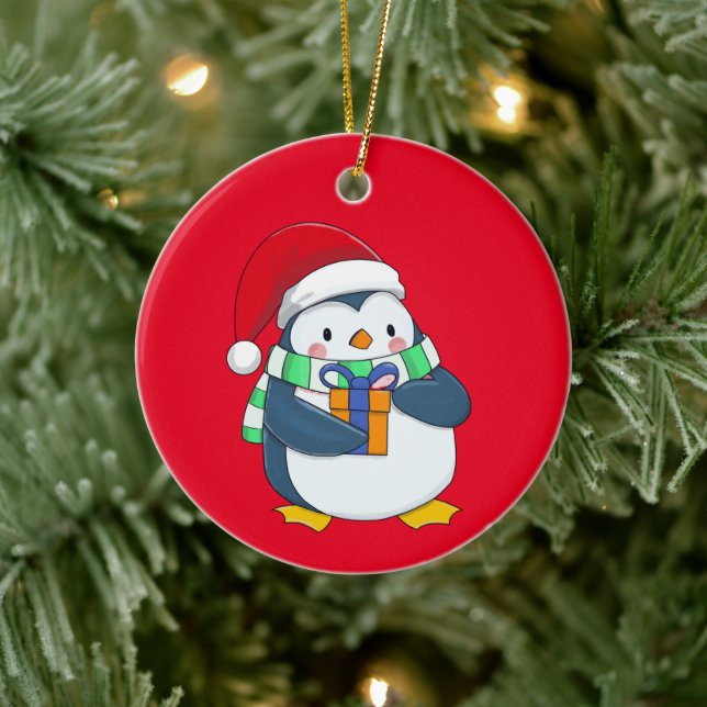 Penguin in a Christmas hat with a gift   Ceramic Tree Decoration (Tree)