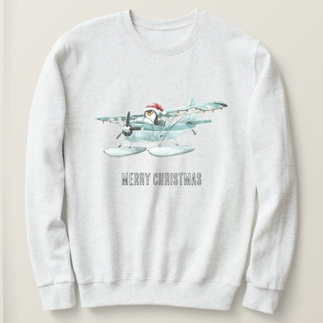 Penguin in Aeroplane Christmas Sweatshirt (Design Front)