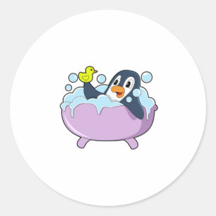 Penguin in Bathtub with Duck Classic Round Sticker