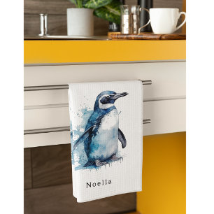 penguin in blue watercolor, customisable tea towel