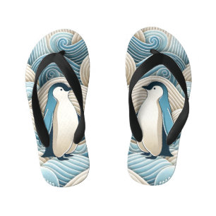 Penguin In Cream Blue Abstract Waves Kid's Jandals