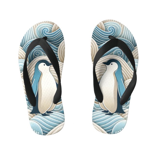 Penguin In Cream Blue Abstract Waves Kid's Jandals (Footbed)