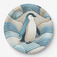 Penguin In Cream Blue Abstract Waves