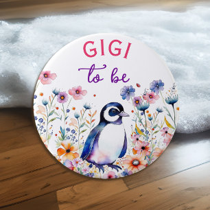 Penguin in Flowers Baby Shower Gigi to be 7.5 Cm Round Badge