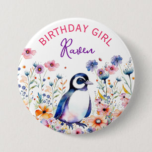 Penguin in Flowers Birthday Girl Personalised 7.5 Cm Round Badge