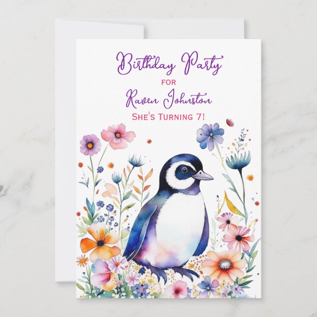 Penguin in Flowers Girl's Birthday Invitation (Front)