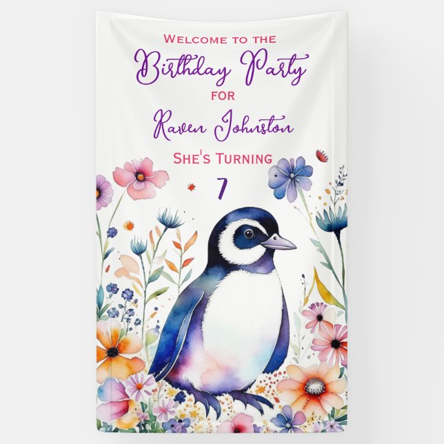 Penguin in Flowers Girl's Birthday Party Welcome Banner (Vertical)