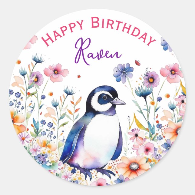 Penguin in Flowers Girl's Birthday Personalised Classic Round Sticker (Front)