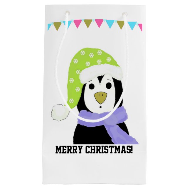 Penguin in Holiday Hat and Scarf Small Gift Bag (Front)