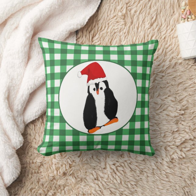 Penguin in Santa Hat Green Gingham Merry Christmas Cushion (Blanket)
