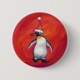 Penguin in Santa Hat on Red 6 Cm Round Badge