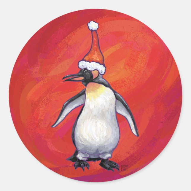 Penguin in Santa Hat on Red Classic Round Sticker (Front)