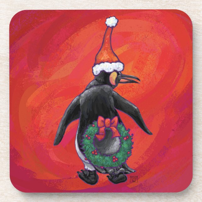 Penguin in Santa Hat on Red Coaster (Front)