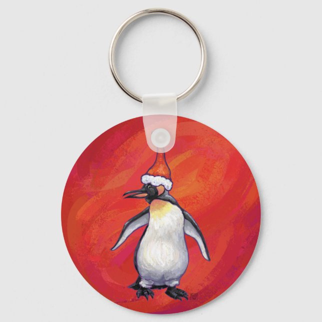 Penguin in Santa Hat on Red Key Ring (Front)