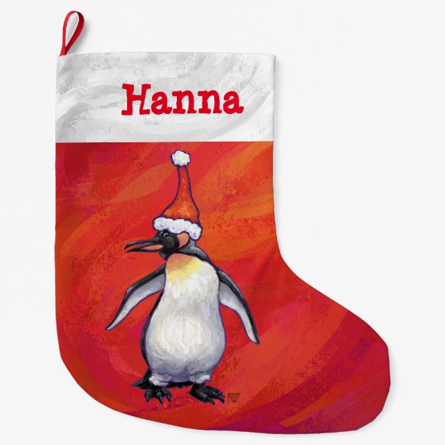 Penguin in Santa Hat on Red Large Christmas Stocking (Front)