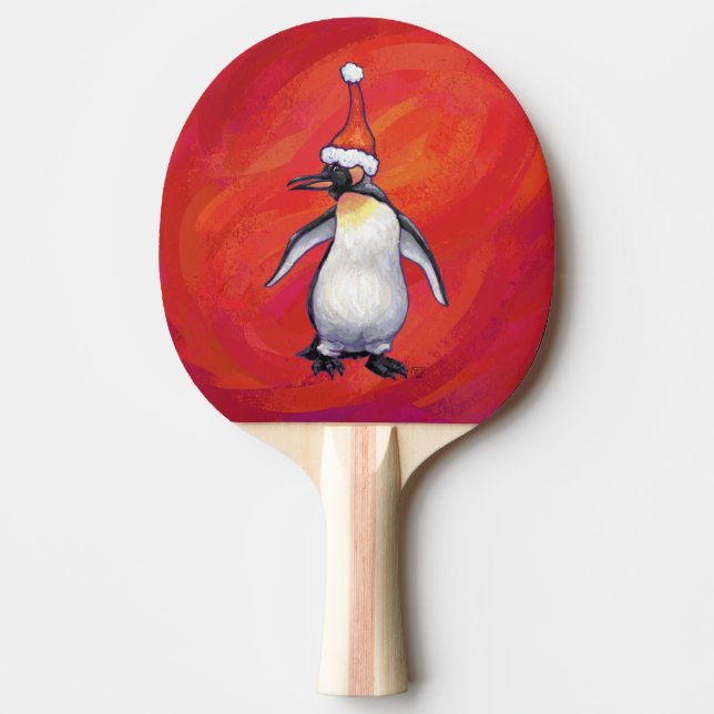 Penguin in Santa Hat on Red Ping Pong Paddle (Front)
