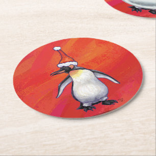 Penguin in Santa Hat on Red Round Paper Coaster