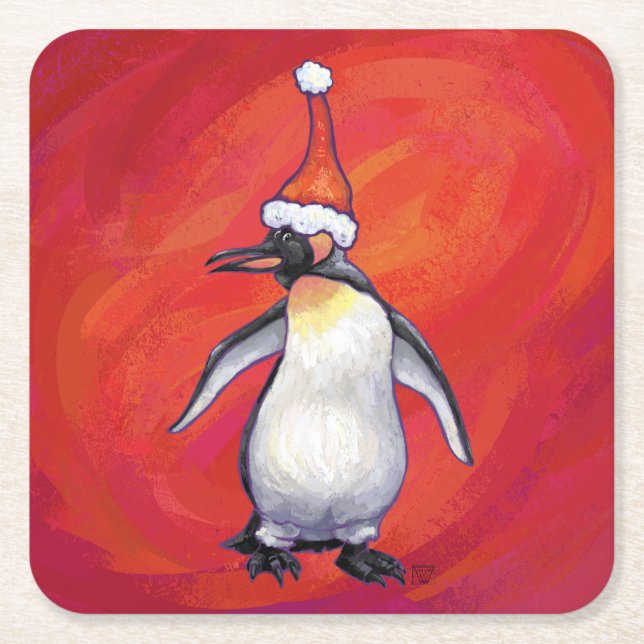 Penguin in Santa Hat on Red Square Paper Coaster (Front)