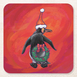 Penguin in Santa Hat on Red Square Paper Coaster