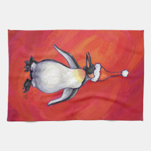 Penguin in Santa Hat on Red Tea Towel