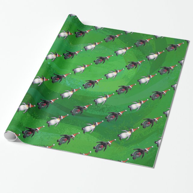 Penguin in Santa Hat Pattern on Green Wrapping Paper (Unrolled)