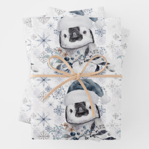 Penguin in Santa Hat Snowflakes Pattern Christmas  Wrapping Paper Sheet
