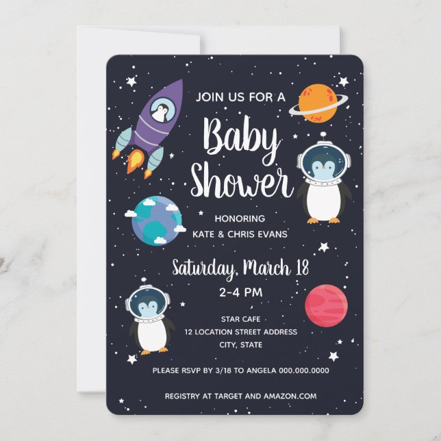 Penguin in Space Baby Shower Space Navy Galaxy Invitation (Front)
