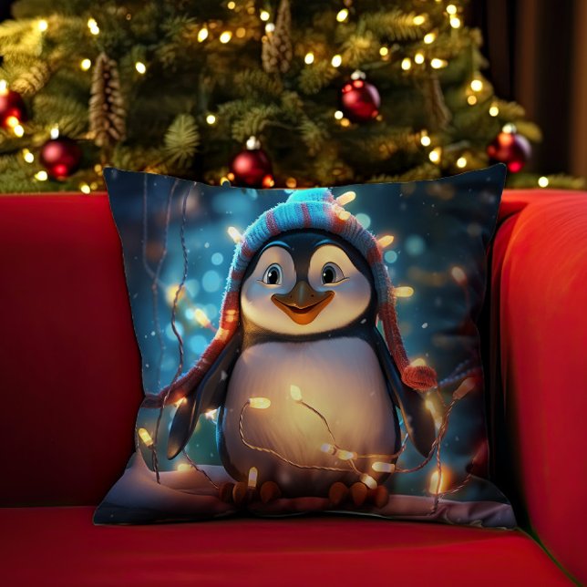 Penguin In The Spirit Of Christmas Cushion (Penguin In The Spirit Of Christmas Throw Pillow)