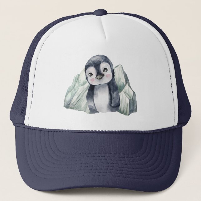 Penguin In Winter Watercolor Trucker Hat (Front)