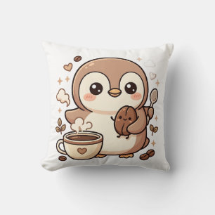 Penguin Kawaii Coffee Throw Pillow Print