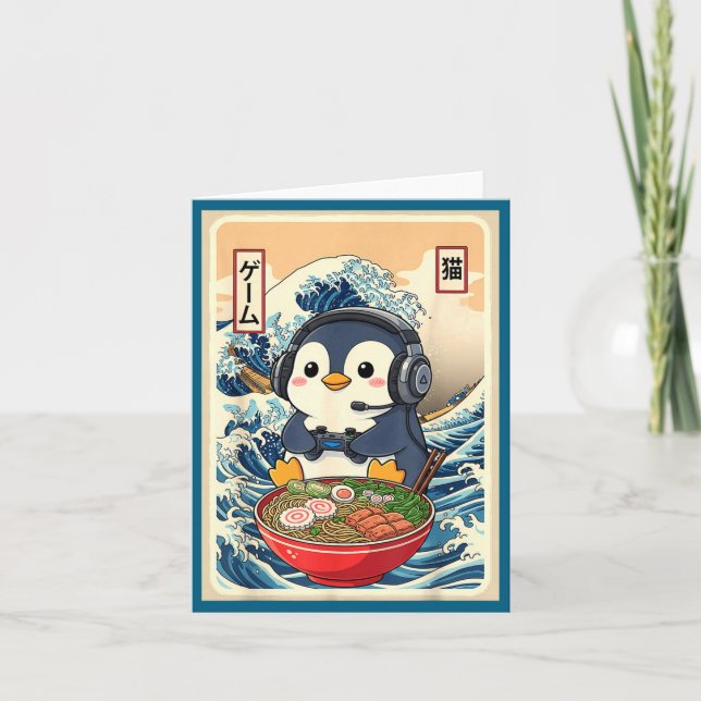 Penguin Kawaii Japanese Ramen Noodle Retro Gaming  Card (Front)