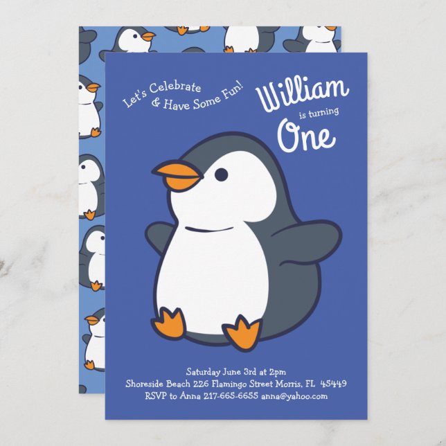 Penguin Kids Birthday Party Invitation (Front/Back)