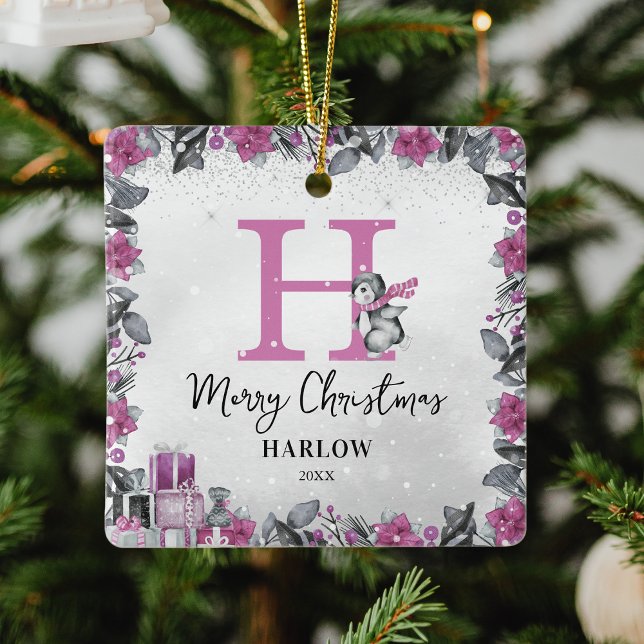 Penguin Kids Name Monogram Christmas Ceramic Ornament (Creator Uploaded)
