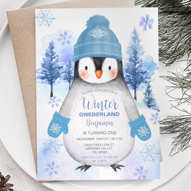 Penguin knitted Hat Snowflakes Birthday Invitation (Creator Uploaded)
