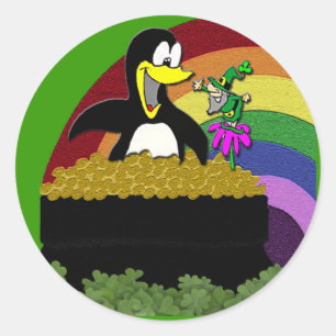 Penguin, Leprechaun, Gold and Rainbow Classic Round Sticker