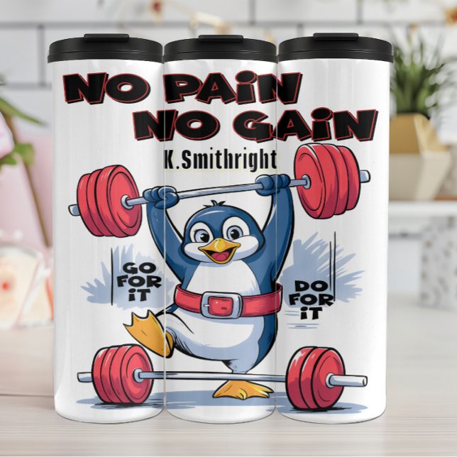 Penguin Lifting Weights No Pain Thermal Tumbler (Creator Uploaded)