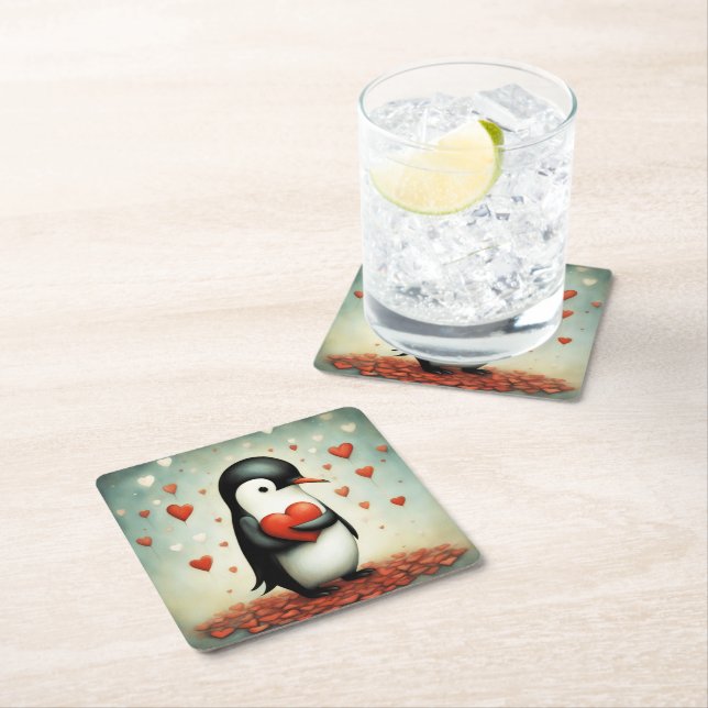 Penguin Love 1 Square Paper Coaster (Insitu)