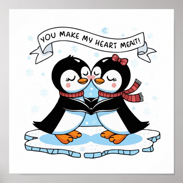 Penguin Love: Adorable 'Heart Melting' Couple Art Poster (Front)
