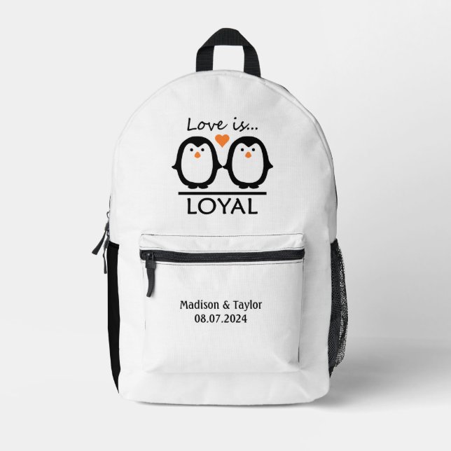Penguin Love custom names & date Printed Backpack (Front)
