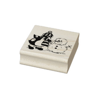 Penguin Making Snowman Christmas Rubber Art Stamp