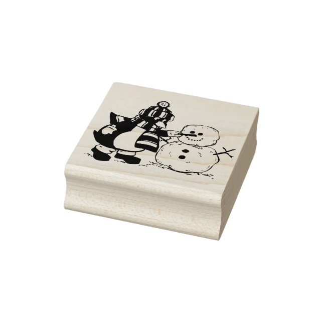Penguin Making Snowman Christmas Rubber Art Stamp (Stamp)