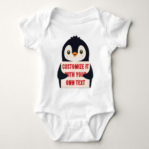 Penguin mascot holding a sign for custom text baby bodysuit