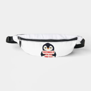 Penguin mascot holding a sign for custom text bum bags