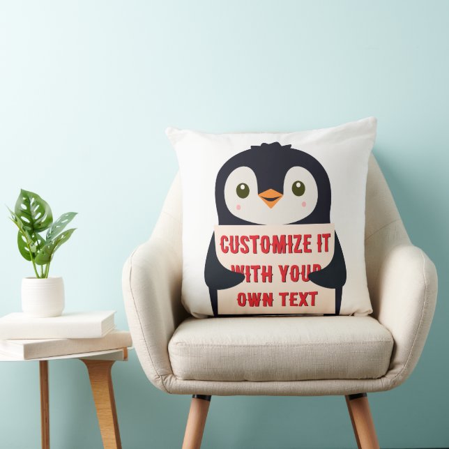 Penguin mascot holding a sign for custom text cushion (Chair)