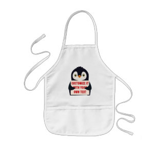 Penguin mascot holding a sign for custom text kids apron