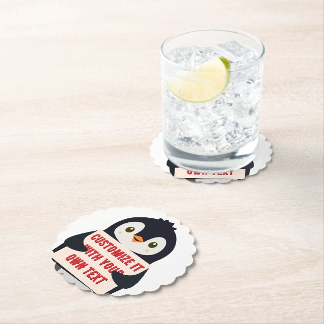 Penguin mascot holding a sign for custom text paper coaster (Insitu)