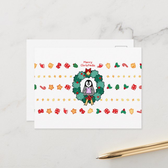 Penguin Merry Christmas Postcard (Front/Back In Situ)