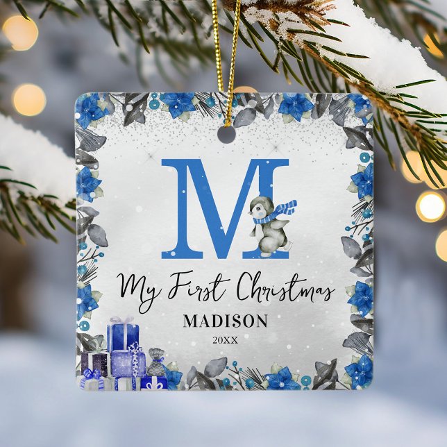 Penguin Monogram Baby Stats First Christmas Ceramic Ornament (Creator Uploaded)