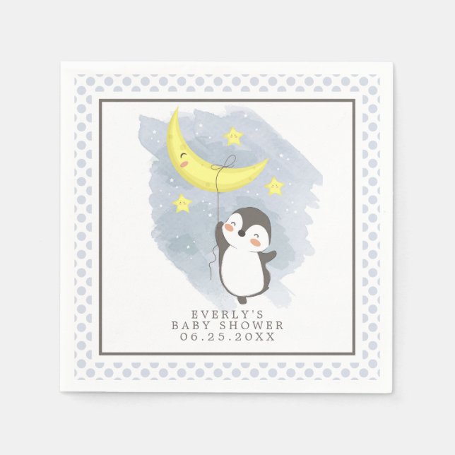 Penguin Moon Watercolor Baby Shower Napkins (Front)